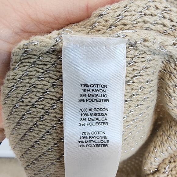 Chicos 2 Slanted Hem Heidi Sweater Size L Tan Metallic Slub Knit Chic Neutral - Picture 14 of 15